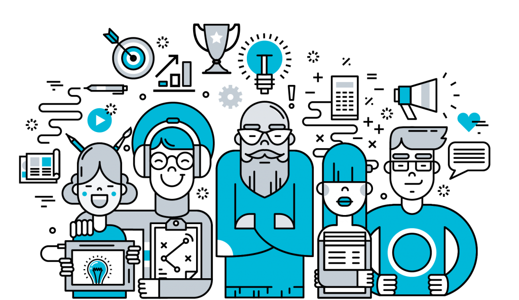 Illustration of five team members who have a variety of helpful tools available to use