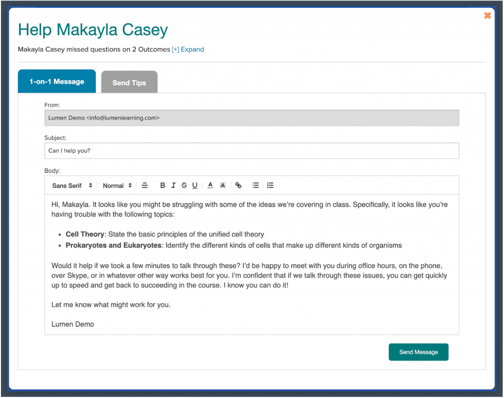 An automated email message template a faculty member can send to a student inviting them to get extra help on topics they are struggling with.