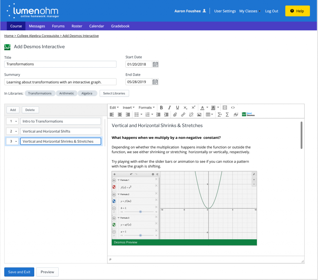 This screen shot shows how teachers will be able to add new Desmos-powered interactive learning activities inside Lumen OHM