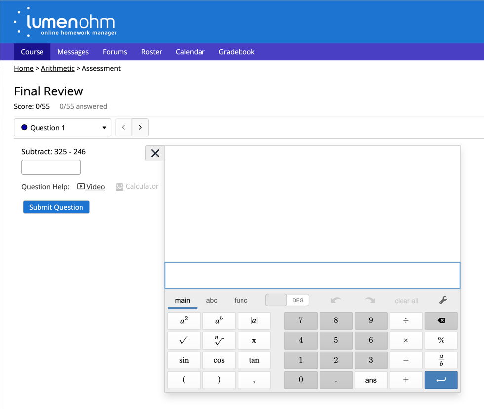 A screen shot showing an assessment item in Lumen OHM with Desmos-powered graphing calculator tools open and ready to use.