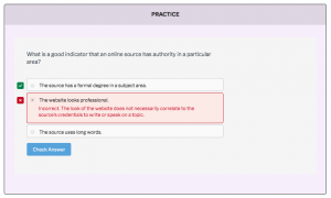A screen shot from a Waymaker course showing an example of directed feedback in a practice question, where the digital courseware tells them them not only whether they answered correctly but also corrects common misperceptions.