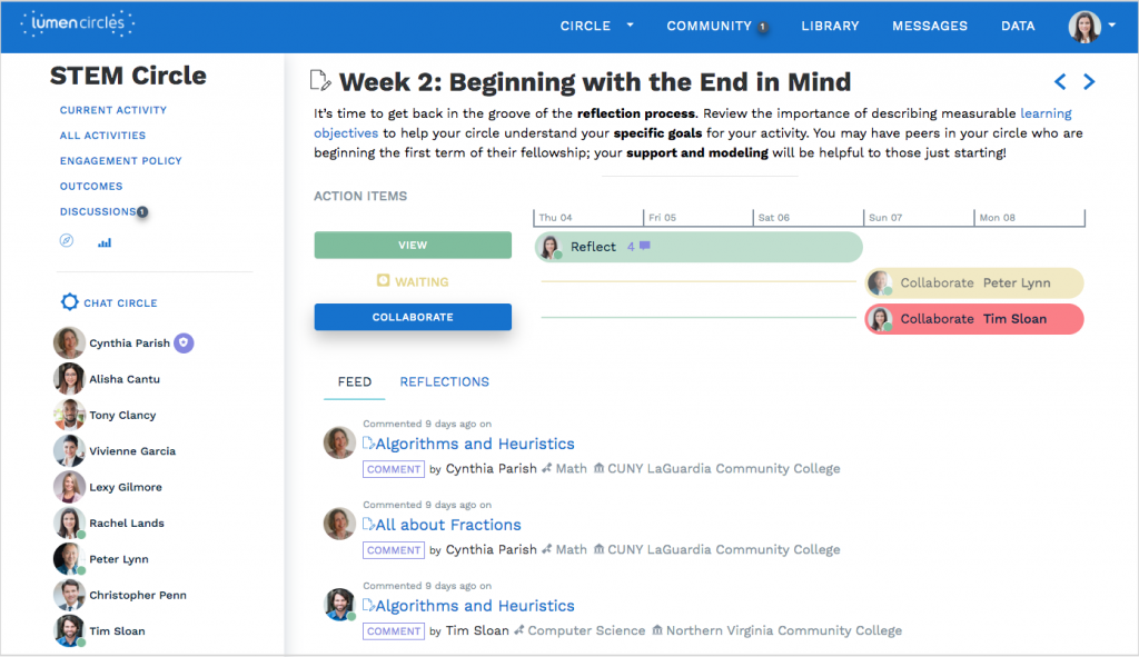 The Lumen Circles professional development platform uses a virtual learning circle model to help higher education faculty members explore and apply effective teaching practices to support student success.